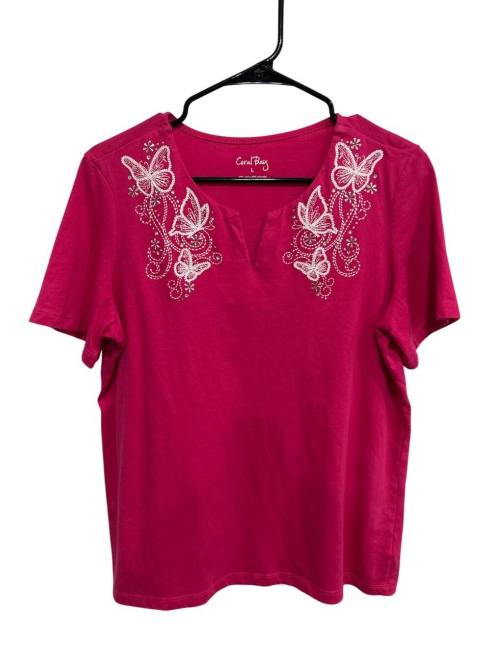 Coral Bay Large Pink Short Sleeve Top Butterfly Embroidery Split Neck Boho